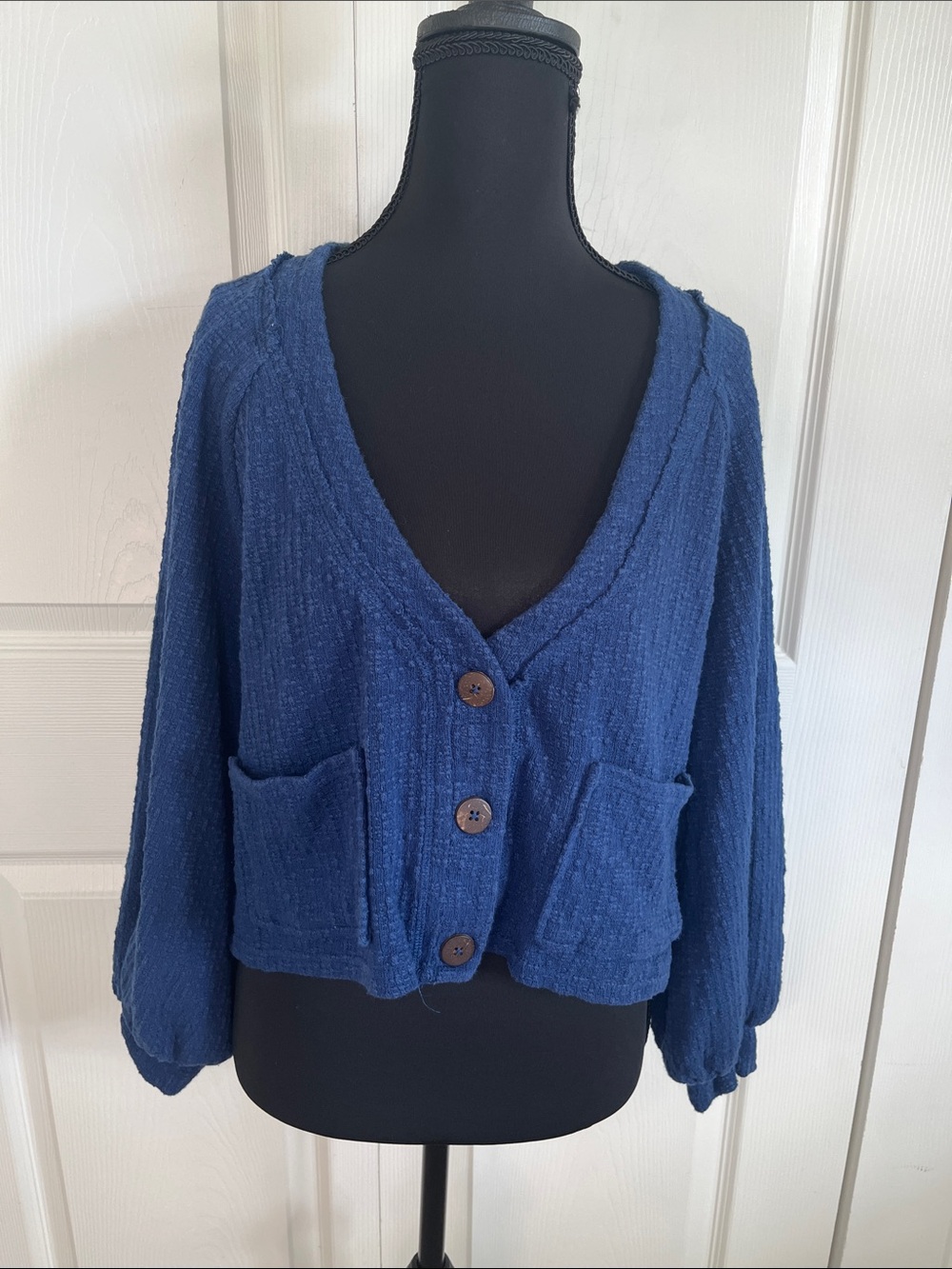 Free People FP Beach Oasis Blue Cardi Cardigan Cropped Boxy Button XS Coastal